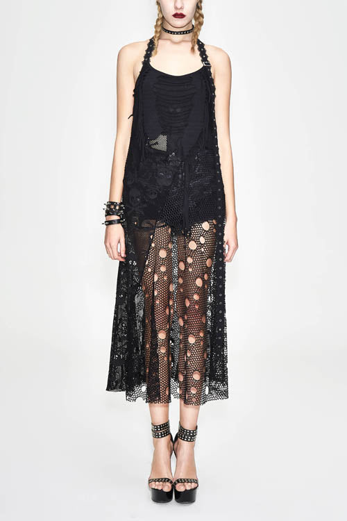 Black Punk Broken Holes Mesh Peplum Sexy Halter Womens Dress - Black - 1