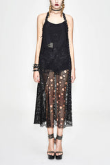 Black Punk Broken Holes Mesh Peplum Sexy Halter Womens Dress - Black - 1