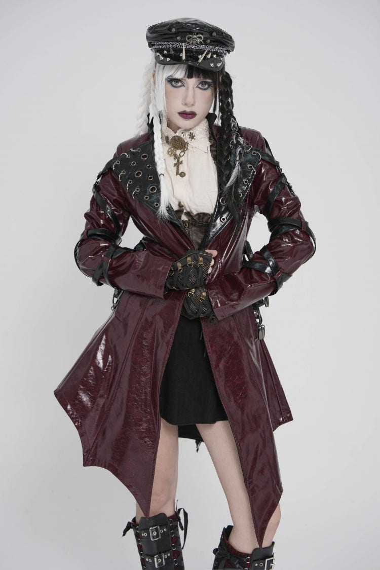 Red Lapel Collar Long Sleeves Lace-Up Irregular Eyelets & Rings Women's Punk Coat - Product - 2