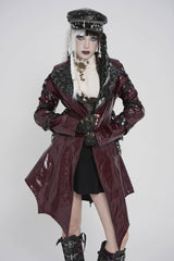 Red Lapel Collar Long Sleeves Lace-Up Irregular Eyelets & Rings Women's Punk Coat - Product - 2