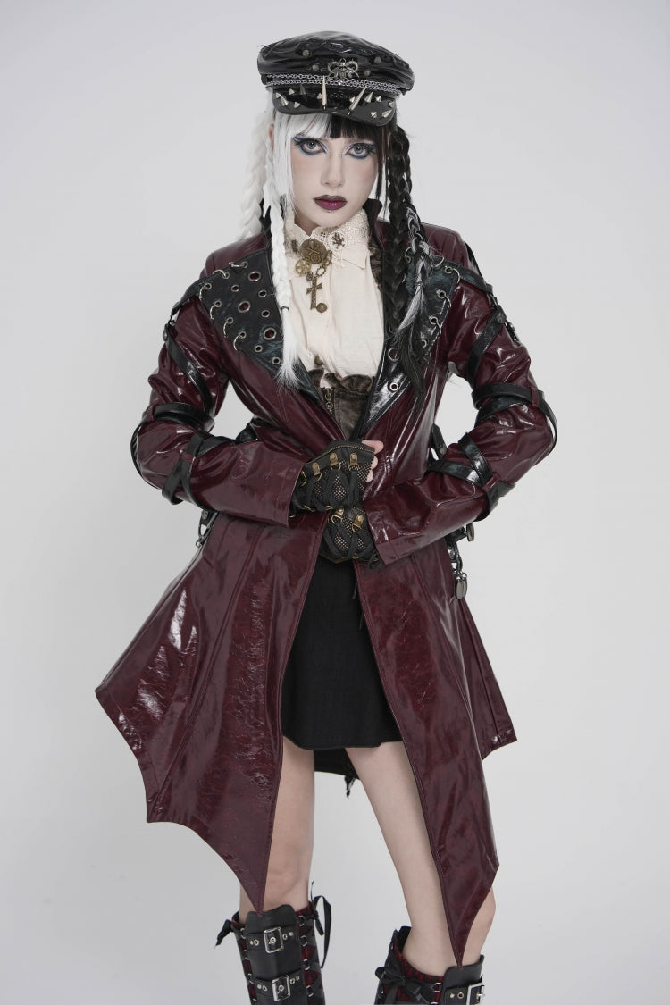 Red Lapel Collar Long Sleeves Lace-Up Irregular Eyelets & Rings Women's Punk Coat - Product - 2