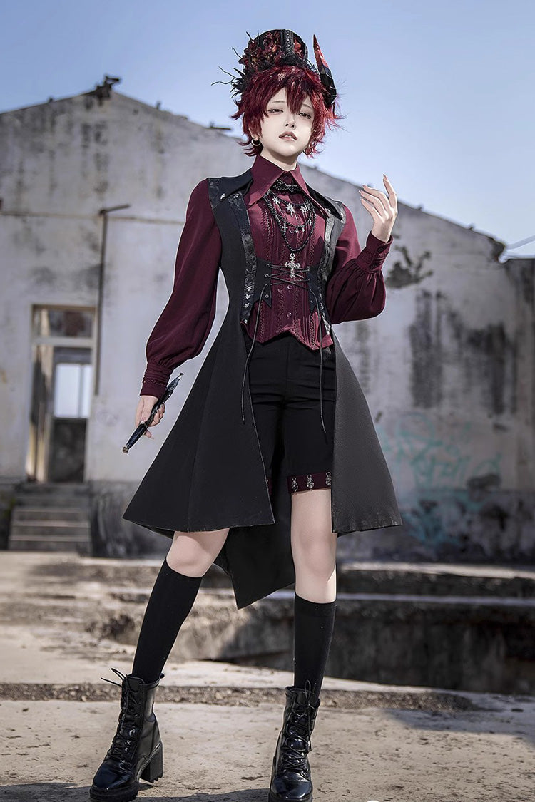 Red Lapel Collar Long Sleeves Embroidery Slim Gothic Vintage Prince Ouji Lolita Blouse - Product - 9