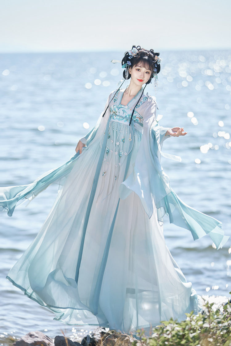 Blue [Blue Ocean] High Waisted Embroidered Lace Women's Sweet Hanfu Dress Full Set - Product - 3