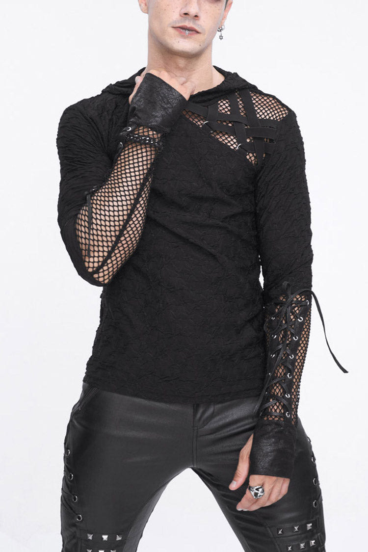 Black Lace Up Mesh Splice Long Sleeve Men's Punk Hoodies - Black - 1