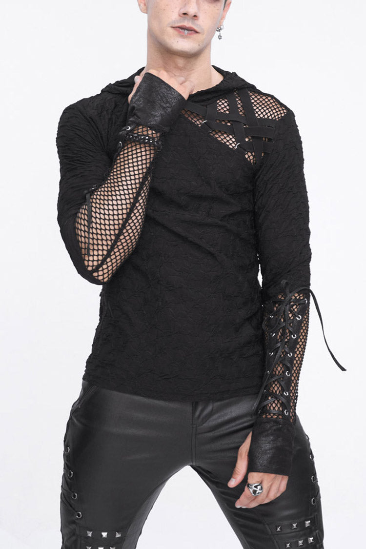 Black Lace Up Mesh Splice Long Sleeve Men's Punk Hoodies - Black - 1