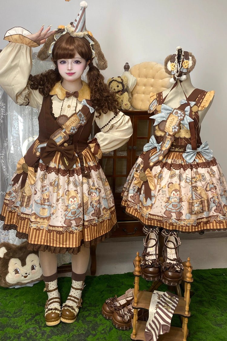 [Bear Cookies] Print Ruffle Bowknot Sweet Lolita JSK Dress 2 Colors - Product - 5