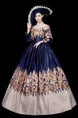 Blue Court Style High Waisted Half Sleeves Victorian Lolita Prom Dress - Product - 3