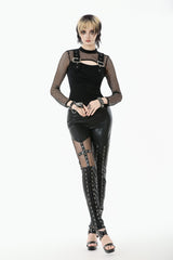 Black Cross Lace-Up PU Sheer Mesh Women's Gothic Punk Pants - Product - 6
