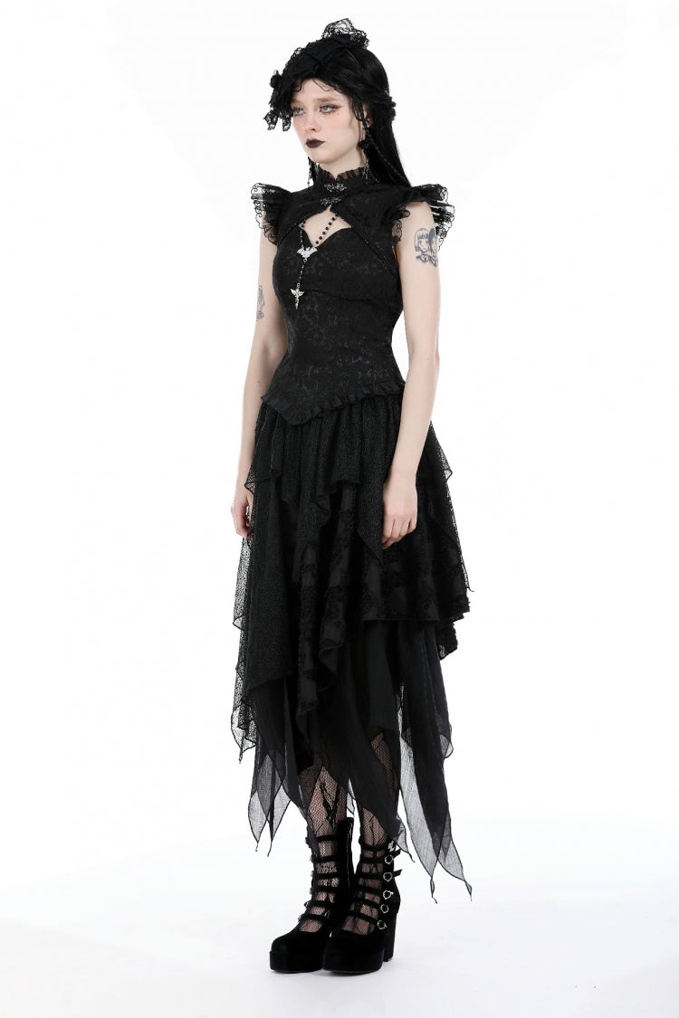Black Women's Gothic Punk Multi-Layered Irregular Handkerchief Hem Lace Skirt - Product - 8