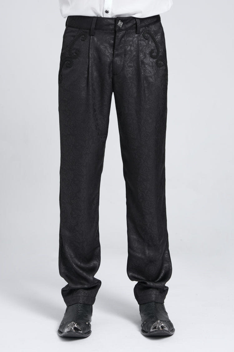 Black Floral Print Embroidery Men's Gothic Suit Pants - Black - 1