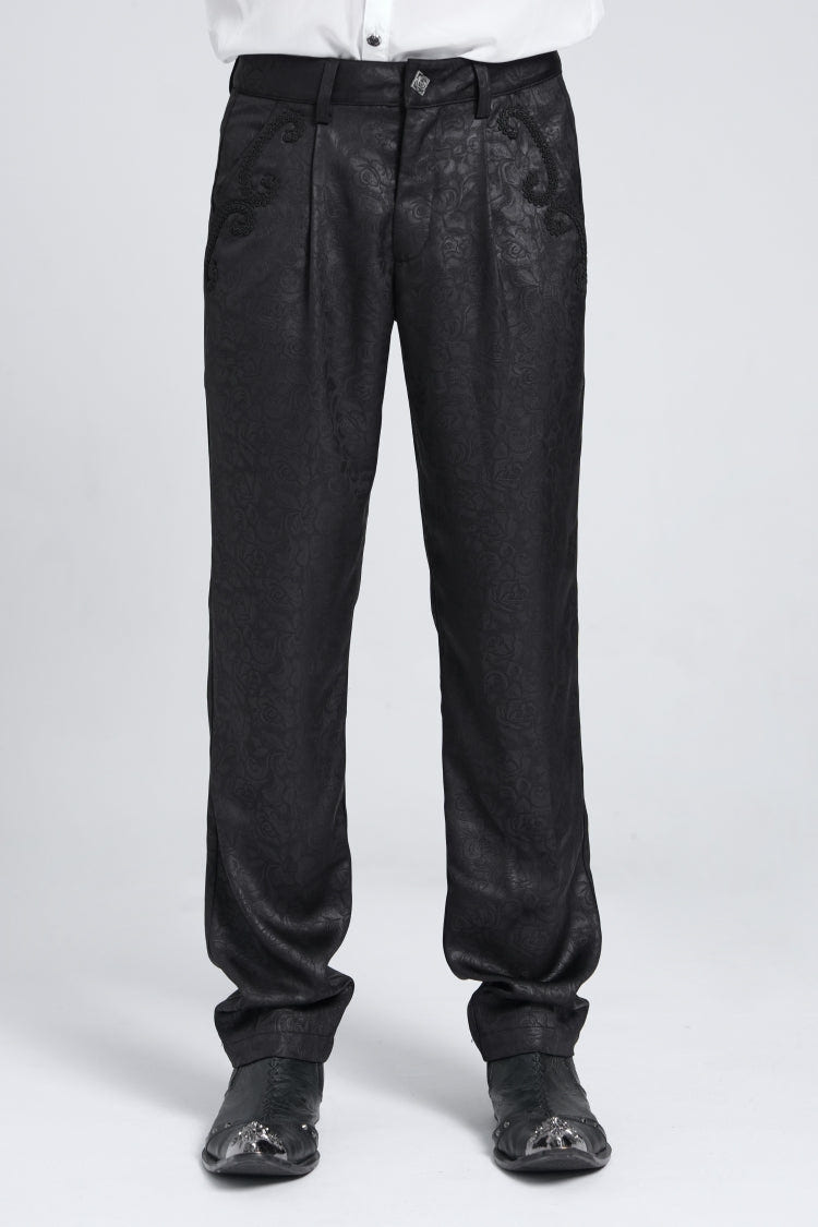 Black Floral Print Embroidery Men's Gothic Suit Pants - Black - 1