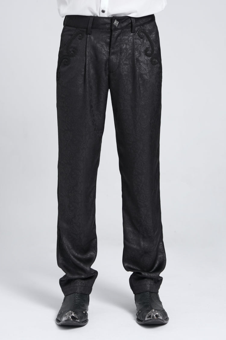 Black Floral Print Embroidery Men's Gothic Suit Pants - Black - 1