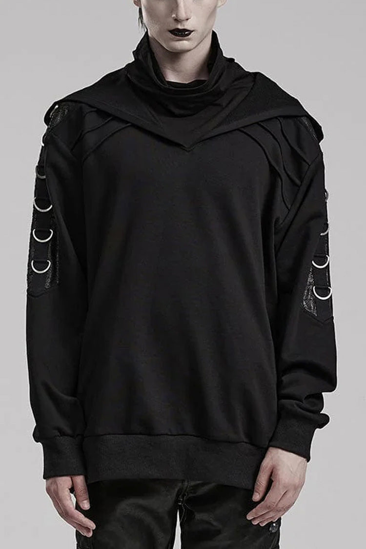 Black High Collar Long Sleeves Stitching Hooded Mens Steampunk Jacket - Black - 1