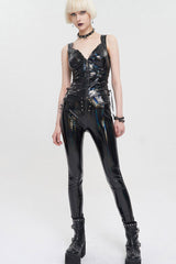 Black Punk Elasticity Color Changing Bright Leather Front Middle Zipper Drawstring On Both Sides Women's Waistcoat - Product - 6