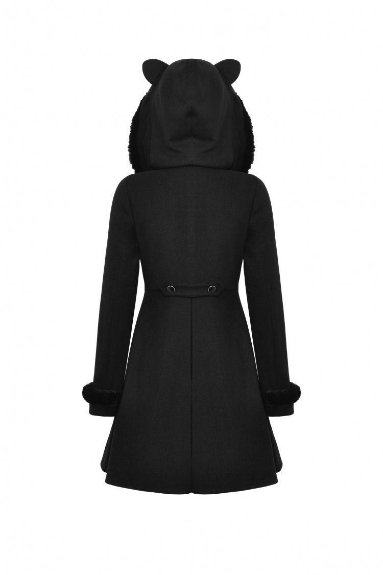 Black Long Sleeves Crescent Moon Bow Spliced Double-breasted Women's Gothic Coat with Cat Ear Hood - Product - 12
