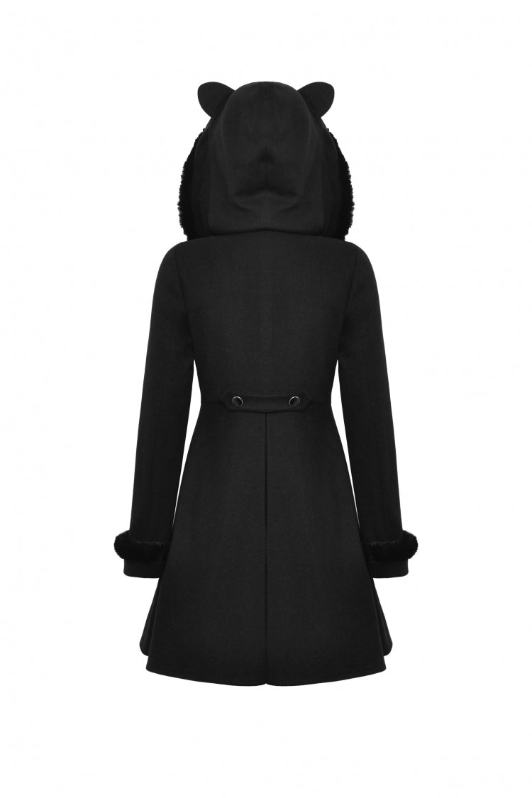 Black Long Sleeves Crescent Moon Bow Spliced Double-breasted Women's Gothic Coat with Cat Ear Hood - Product - 12