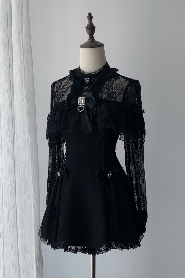 Black [Lace Doll] Round Collar Long Sleeves Ruffled Cut-Out Embroidered Bow Lace Gothic Jirai Kei Japanese Dress - Black - 1