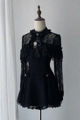Black [Lace Doll] Round Collar Long Sleeves Ruffled Cut-Out Embroidered Bow Lace Gothic Jirai Kei Japanese Dress - Black - 1
