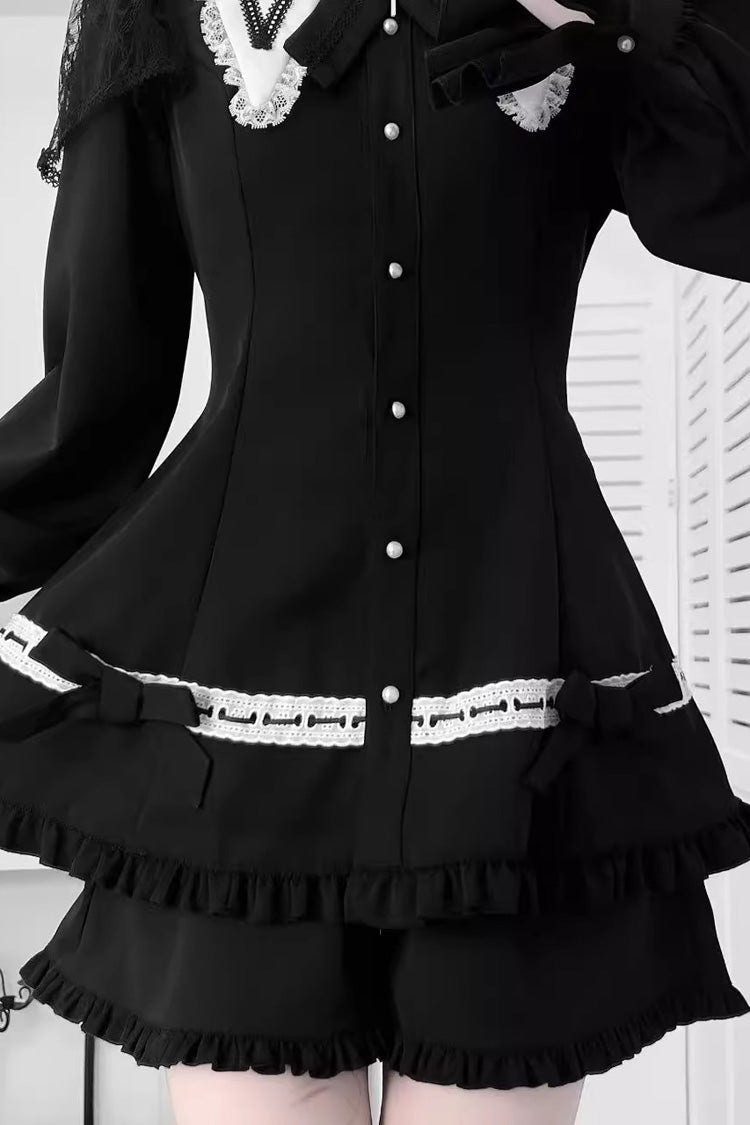 Black Long Sleeves Ruffled Bow Gothic Jirai Kei Dress Shorts - Product - 4