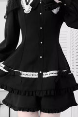 Black Long Sleeves Ruffled Bow Gothic Jirai Kei Dress Shorts - Product - 4