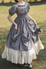 Grey/Blue [Forest Picnic] Boat Neck Short Sleeves Printed Lift-Hem Ruffled Classic Vintage Elegant Lolita Dress - Product - 5