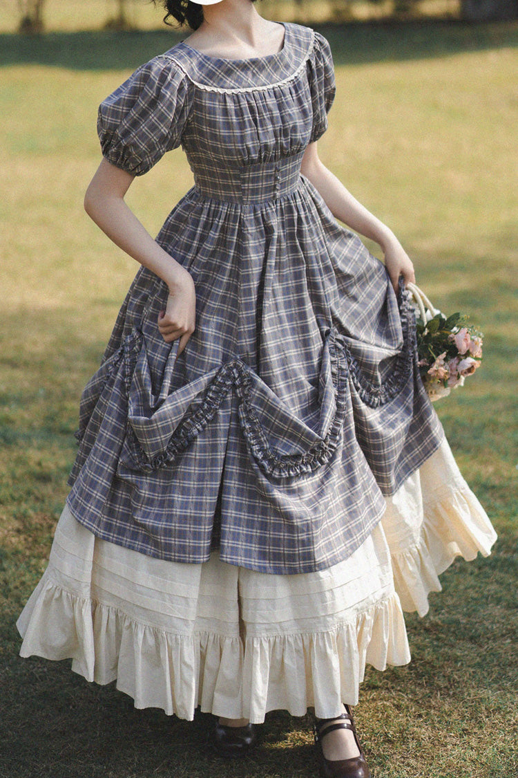 Grey/Blue [Forest Picnic] Boat Neck Short Sleeves Printed Lift-Hem Ruffled Classic Vintage Elegant Lolita Dress - Product - 5