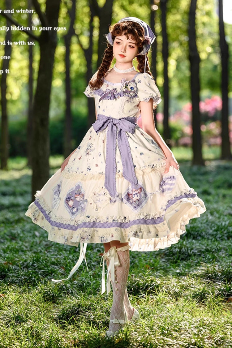 Purple/Ivory Blueberry Pie Print Short Sleeves Ruffle Bowknot Sweet Lolita Dress - Product - 4