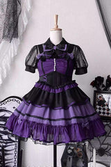 Black/Purple [Cotton Cloud] Lapel Collar Ruffle Bowknot Lace-Up Gothic Lolita Jsk Dress - Product - 4