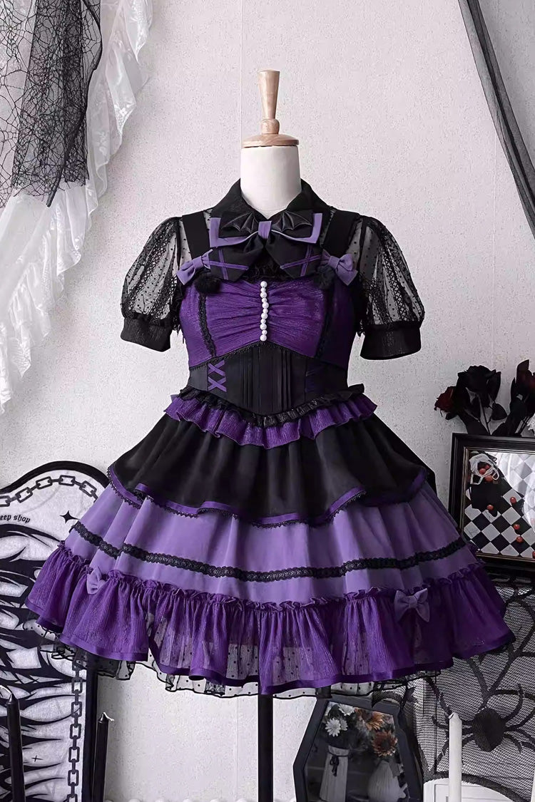 Black/Purple [Cotton Cloud] Lapel Collar Ruffle Bowknot Lace-Up Gothic Lolita Jsk Dress - Product - 4