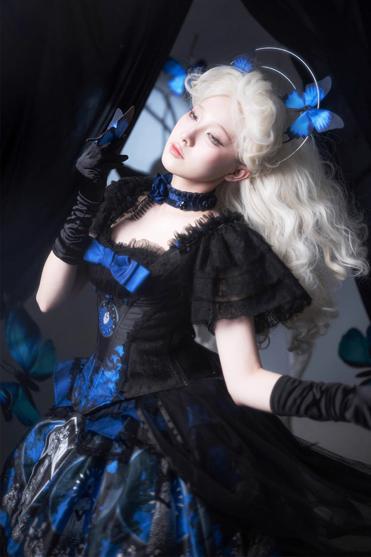 Blue [Dark Moon Corridor] Print Embroidery Gothic Lolita Dress Skirt - Product - 11