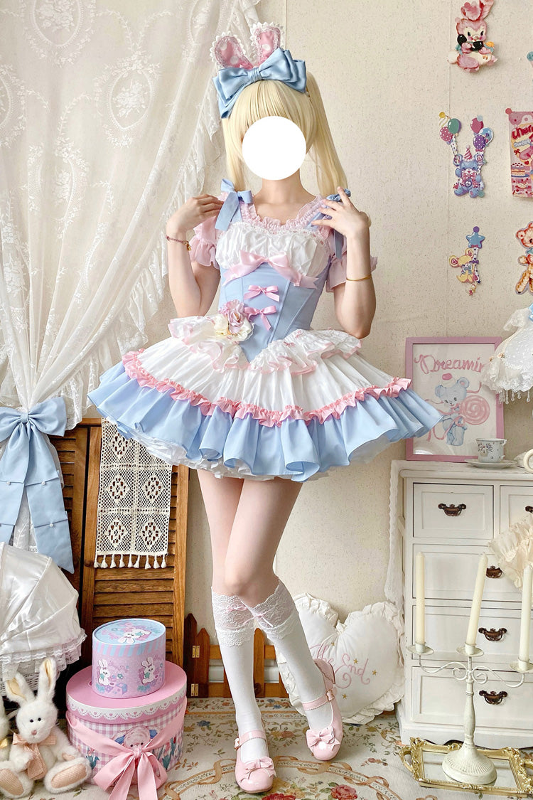 Light-Blue/Pink/White [Fairy Tale Overture] Triple-Layered Ruffle Bowknot Fishbone Sweet Ballet Lolita Dress - Product - 3