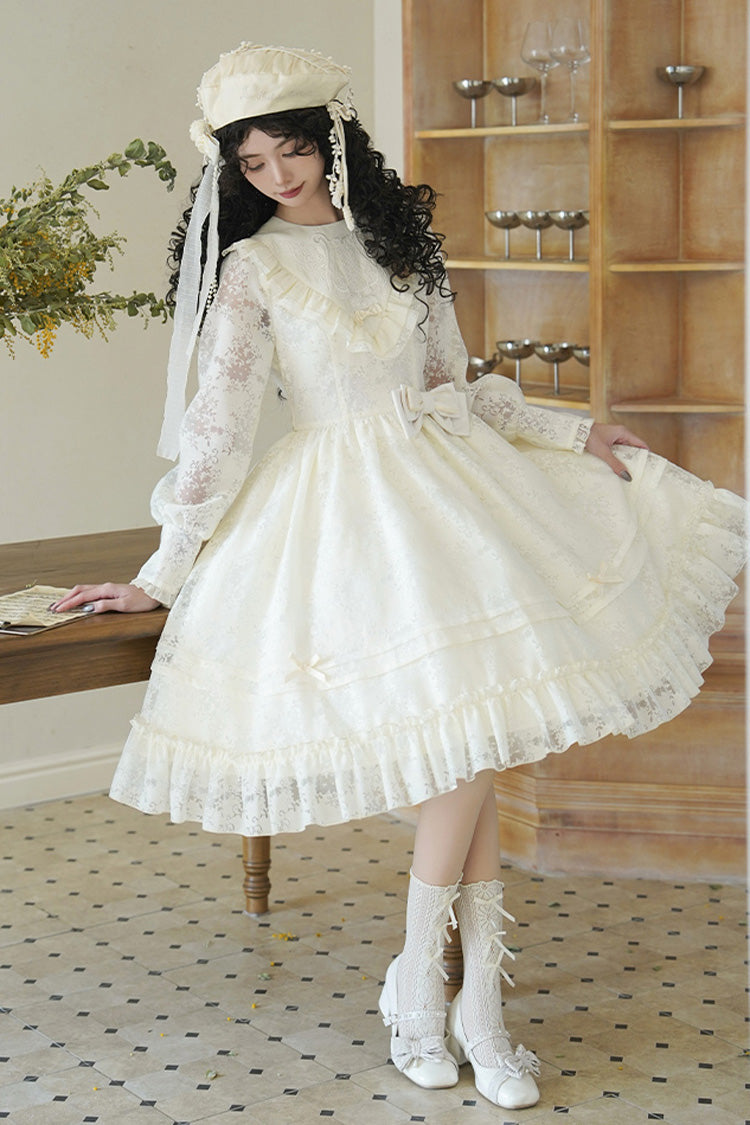 Ivory [Flower Sound] Long Sleeves Ruffle Cardigan Bowknot Lace Sweet Lolita Dress - Product - 7