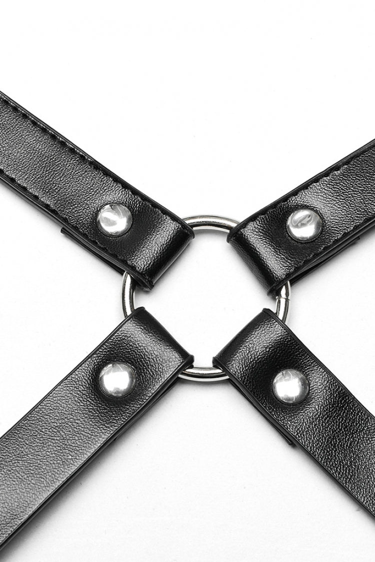 Black PU Leather Cross Metal Ring Buckle Women's Steampunk Body Harness - Product - 5