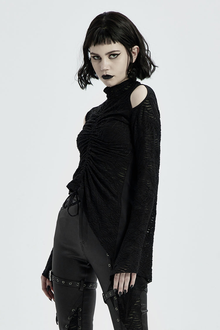 Black High Collar Long Trumpet Sleeves Hollow Lace-Up Women's Gothic T-Shirt - Product - 2