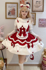 [Cream Snow Cat] Winter Ruffle Bowknot Sweet Lolita Jsk Dress 3 Colors - Red/White - 1