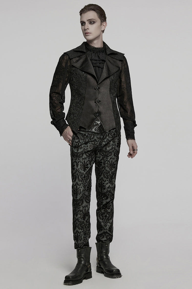 Black Lapel V Collar Long Sleeves Embroidery Men's Gothic Vest - Product - 4
