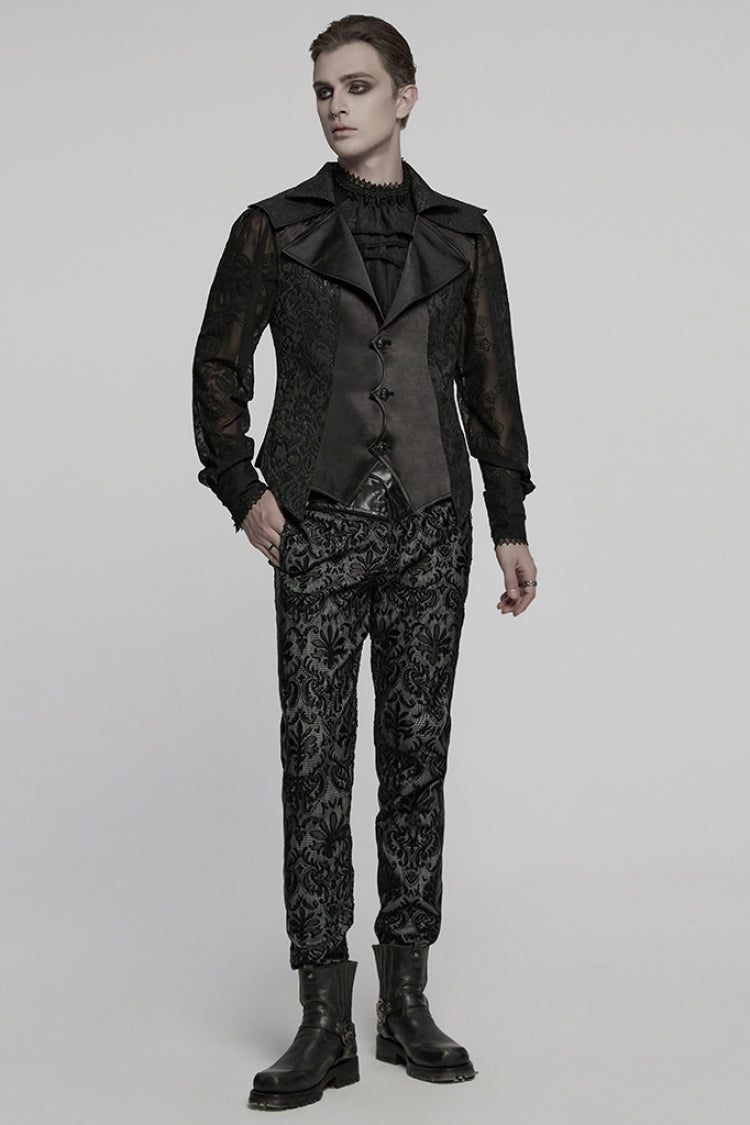 Black Lapel V Collar Long Sleeves Embroidery Men's Gothic Vest - Product - 4