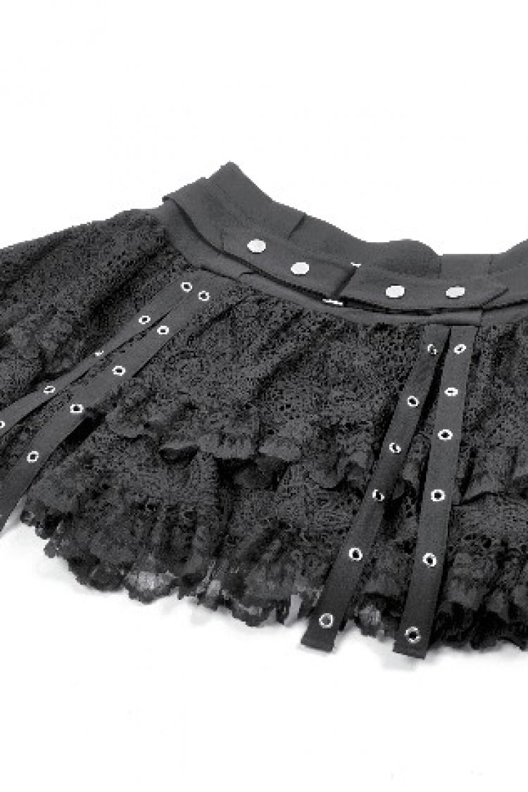 Black Wide-Waistband Eyelet Strap Double-Layered Lace Women's Punk Skirt - Product - 12