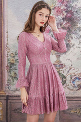 Pink Lace V Collar Pleated Trumpet Sleeves High Waisted Sweet Lolita OP Dress - Product - 2