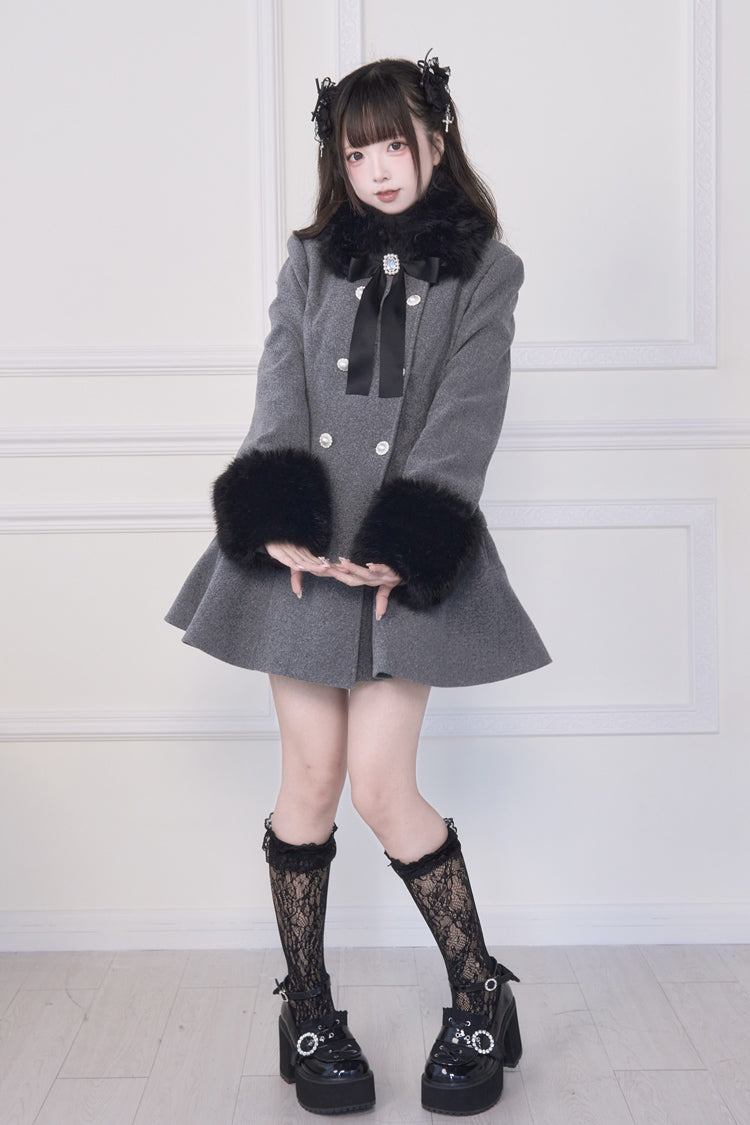 Grey Double-Breasted Long Sleeves Bowknot Japanese Sweet Lolita Coat - Product - 4