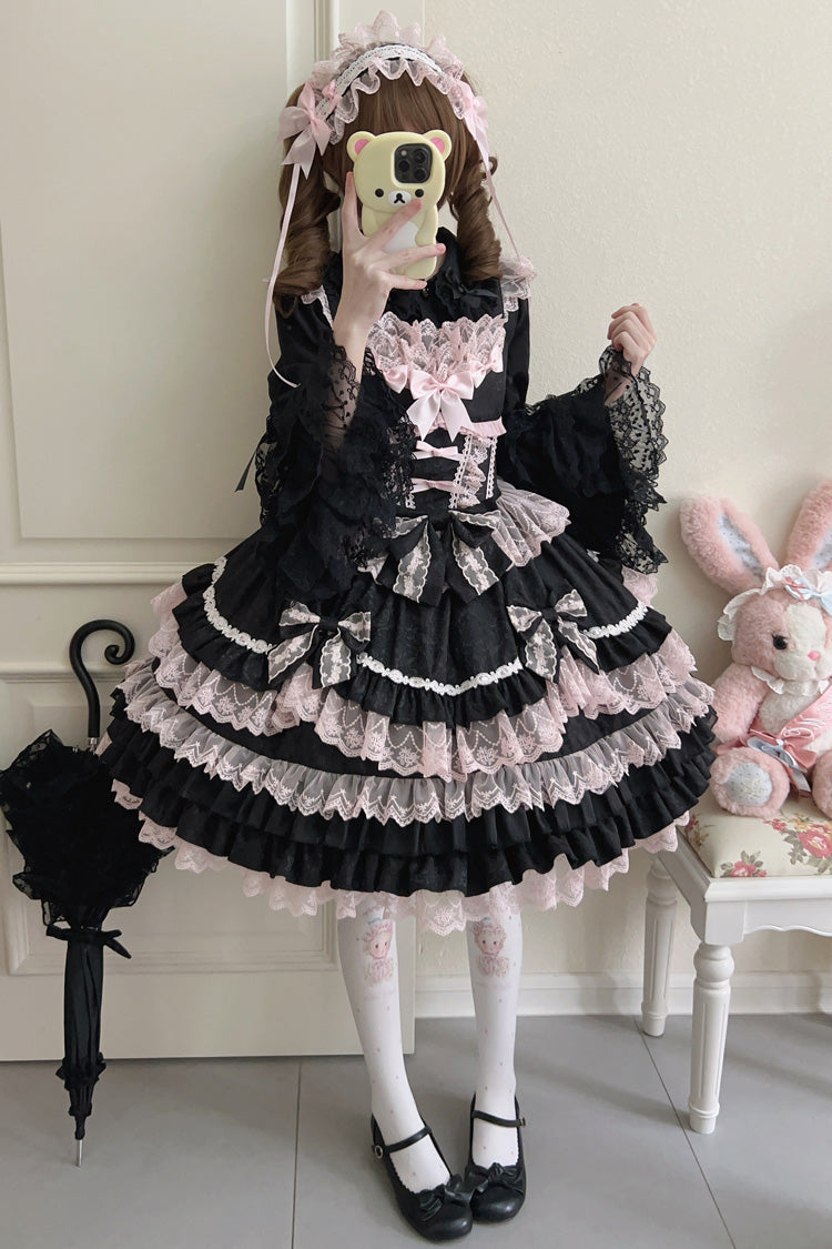 Black/Pink Multi-Layered Ruffle Bowknot Stitching Lace Sweet Lolita Jsk Dress - Product - 6