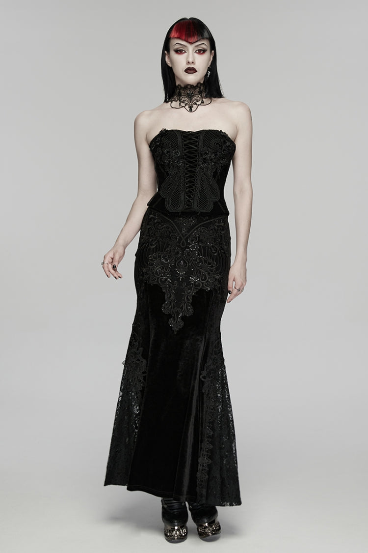 Black Cut-Out Embroidered Lace Slim Fishbone Women's Gothic Elegant Gorgeous Skirt - Black - 1