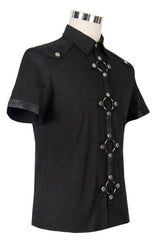 Black Locomotive Lapel Collar Short Sleeves Cotton Mens Punk Blouse - Product - 6