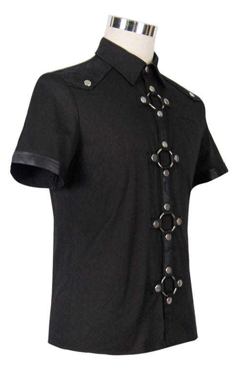 Black Locomotive Lapel Collar Short Sleeves Cotton Mens Punk Blouse - Product - 6