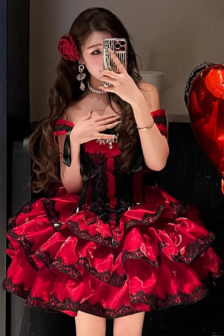 Red [Love Poems of the Heart] Sleeveless Triple-Layered Ruffled Lace Lace-Up Sweet Lolita Jsk Dress - Product - 6
