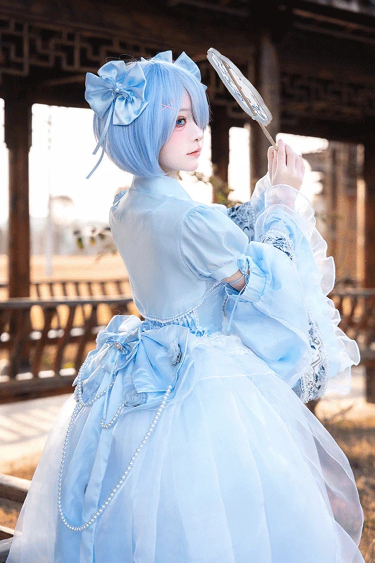 Blue/White Porcelain Printed Ruffled Bow Lace High-low Sweet Plus Size Lolita Jsk Dress(Long Version) - Product - 9