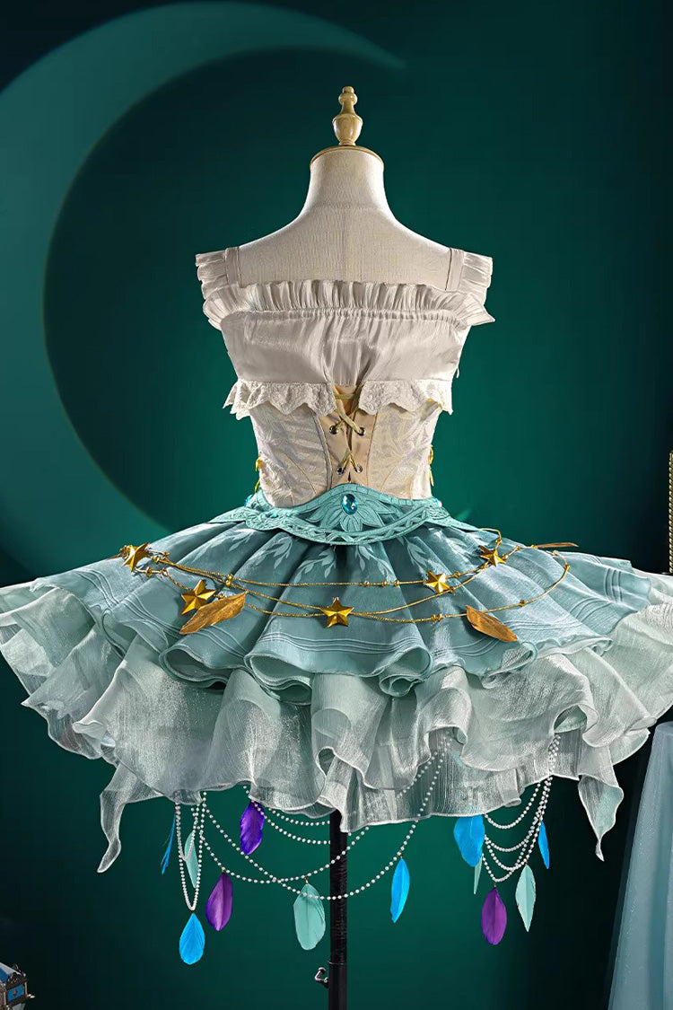 White/Green Game-Themed Rare Square Collar Sleeveless Multi-Layered Ruffled Color-Blocked Sweet Lolita Jsk Dress Set - Product - 2