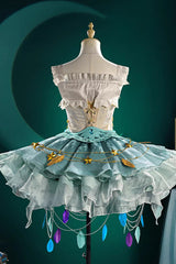 White/Green Game-Themed Rare Square Collar Sleeveless Multi-Layered Ruffled Color-Blocked Sweet Lolita Jsk Dress Set - Product - 2