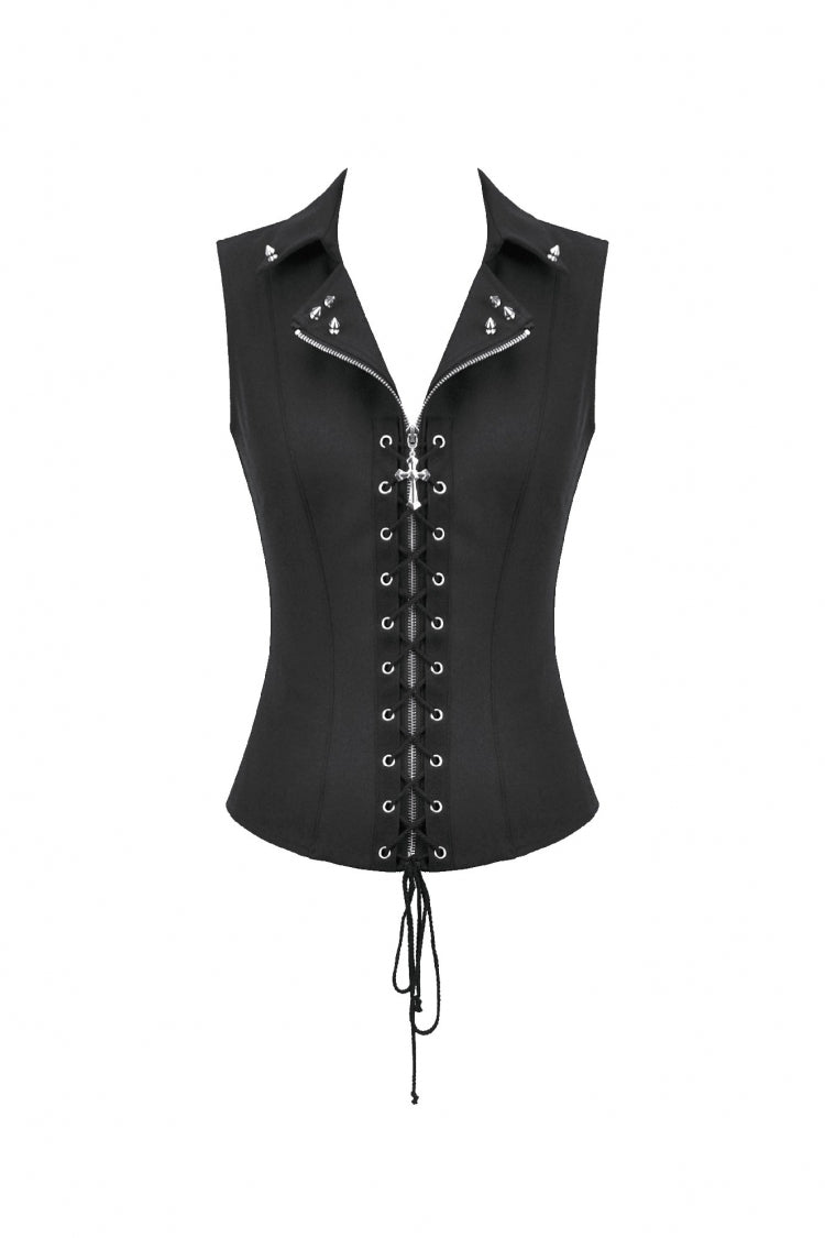 Black Lapel Collar Sleeveless Lace-Up Studded Zippered Eyelet Women's Punk Vest - Product - 3