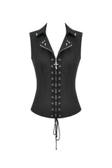 Black Lapel Collar Sleeveless Lace-Up Studded Zippered Eyelet Women's Punk Vest - Product - 3